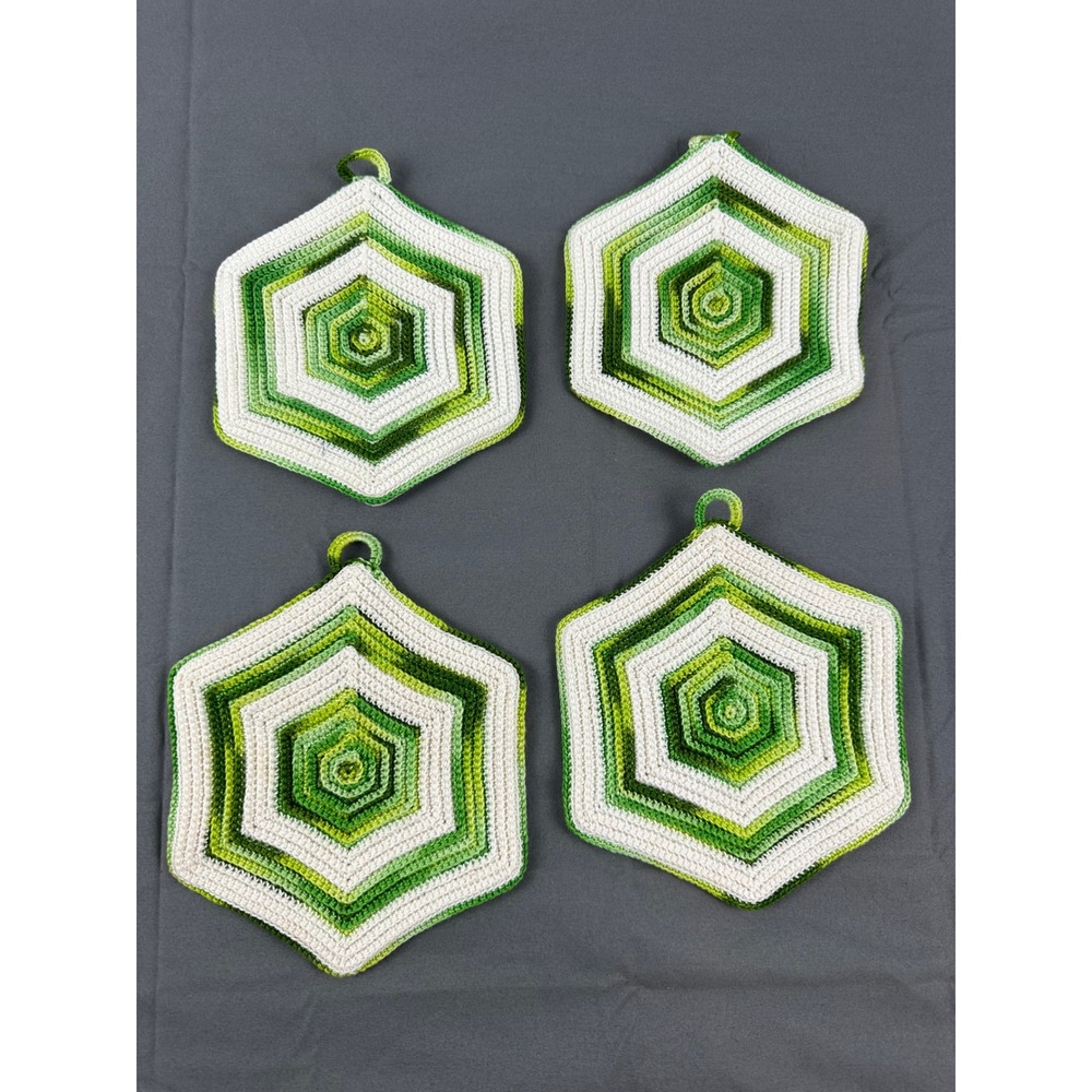 Btg Handmade Crocheted Hexagon Pot Holders Trivets Set of 4 Green White Hot Pads